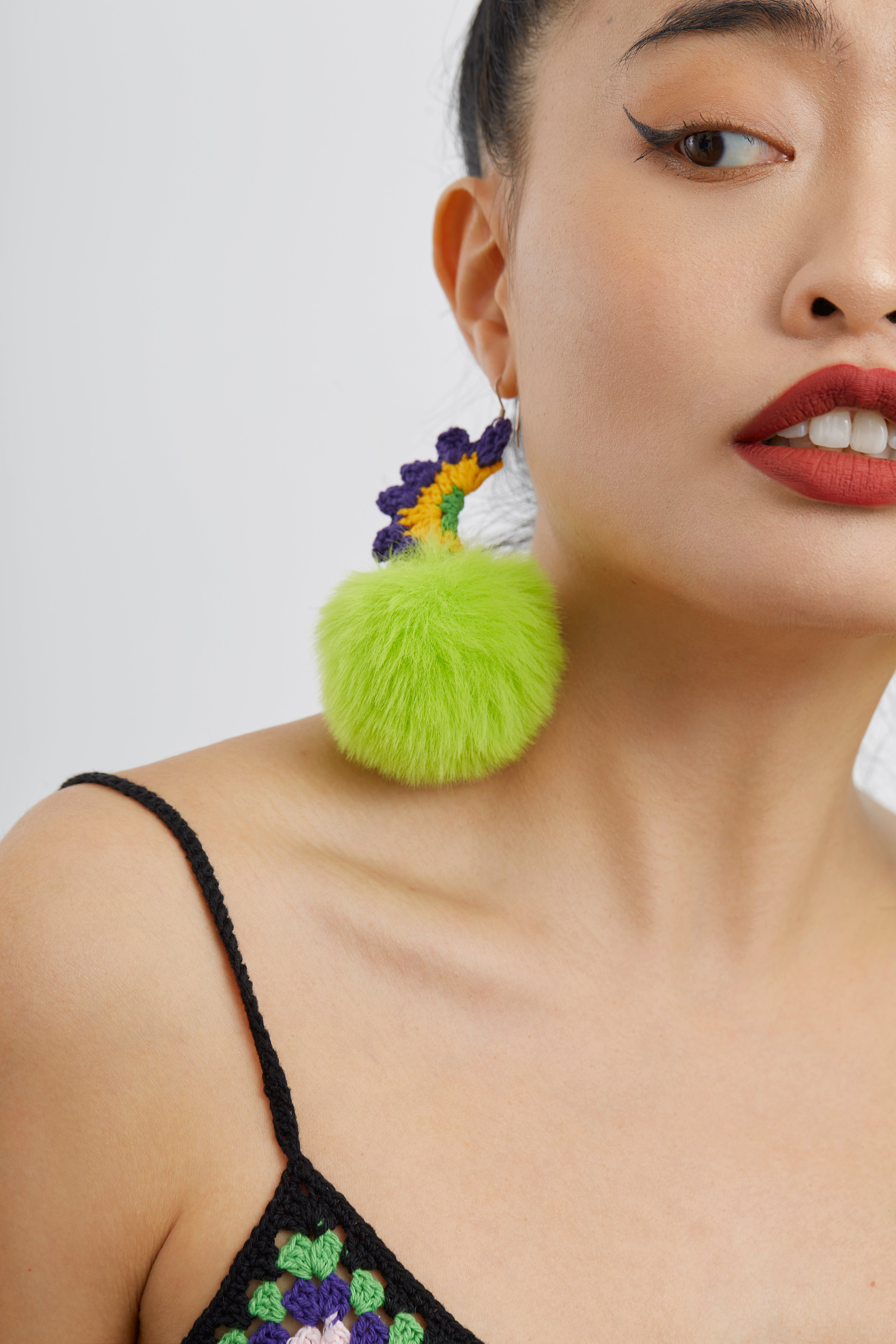 Green Pom Pom Crochet Earrings