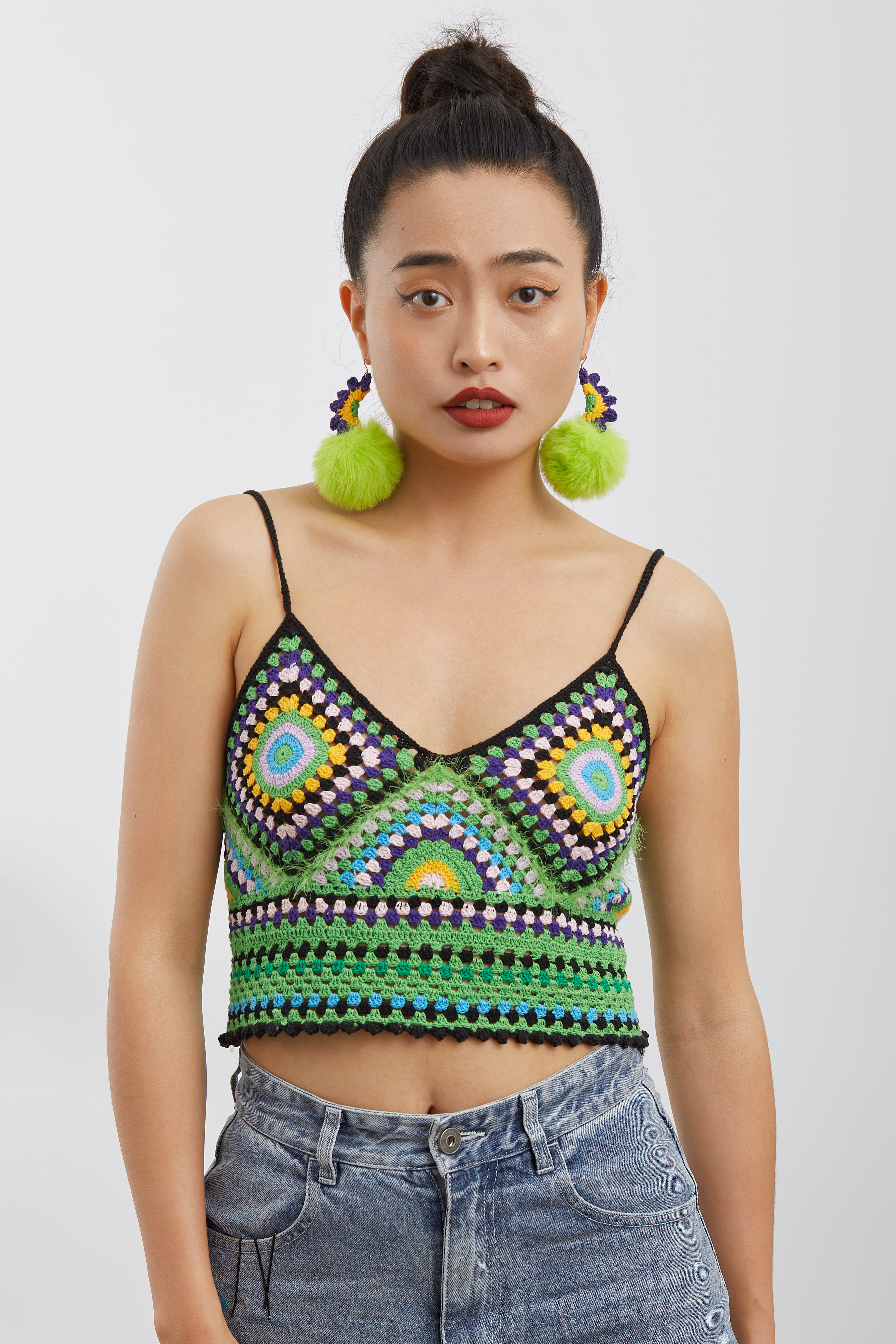Green Pom Pom Crochet Earrings