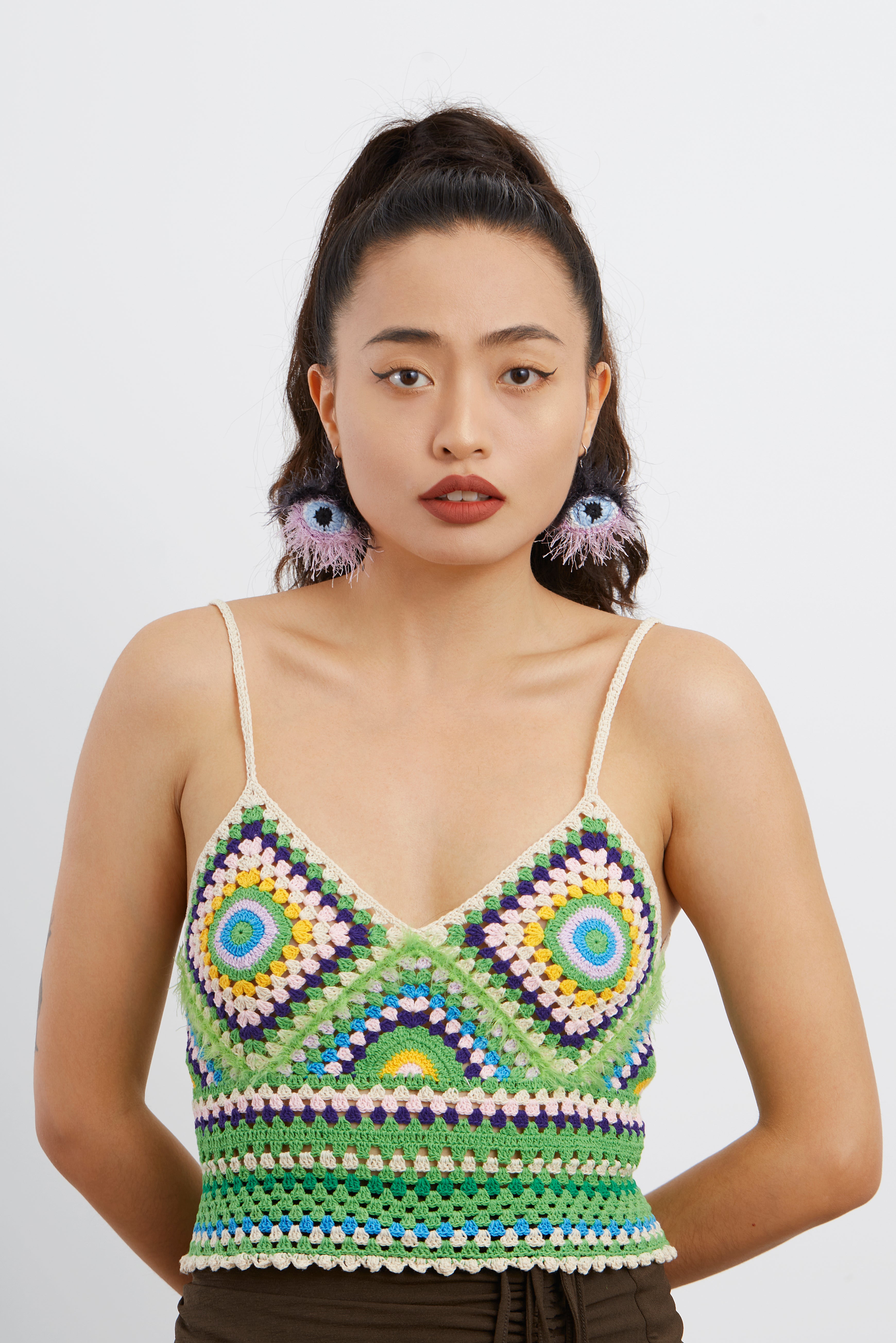 Fluffy Evil Eye Crochet Earrings
