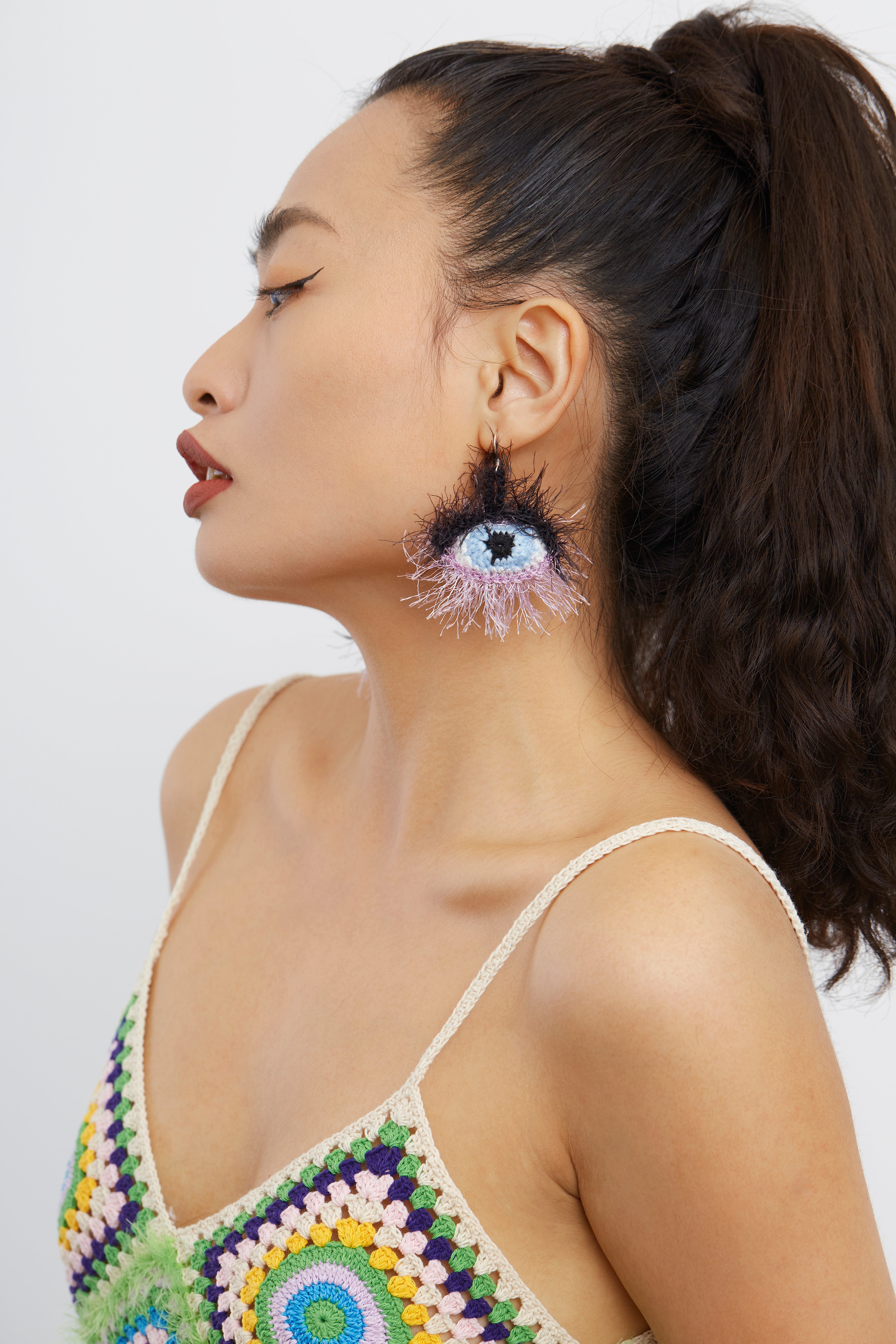 Fluffy Evil Eye Crochet Earrings