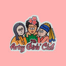 Artsy Girls Club vinyl sticker featuring cartoon versions of iconic women artists, including Mona Lisa, Frida Kahlo, and Girl with a Pearl Earring, on a pink background