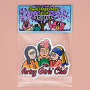 Artsy Girls Club vinyl sticker placed in clear plastic bag with SmallHappinessLA folded card head, featuring cartoon versions of iconic women artists, including Mona Lisa, Frida Kahlo, and Girl with a Pearl Earring, on a pink background