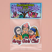 Artsy Girls Club vinyl sticker placed in clear plastic bag with SmallHappinessLA folded card head, featuring cartoon versions of iconic women artists, including Mona Lisa, Frida Kahlo, and Girl with a Pearl Earring, on a pink background
