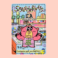Boba bear workout embroidery sticker on graffiti backing card, displayed against a rose pink background