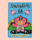 Boba bear workout iron-on embroidery patch on graffiti backing card, displayed against a rose pink background.