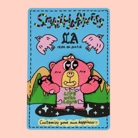 Boba bear workout iron-on embroidery patch on graffiti backing card, displayed against a rose pink background.