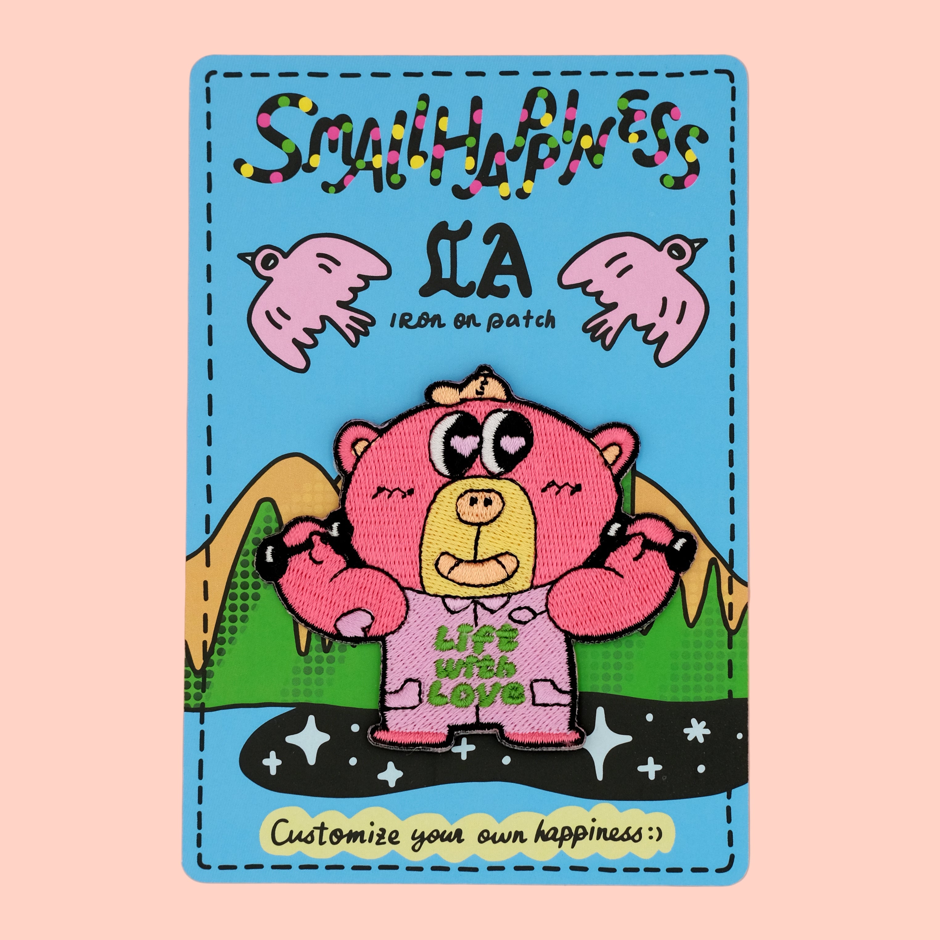 Boba bear workout iron-on embroidery patch on graffiti backing card, displayed against a rose pink background.