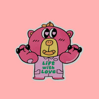 Boba Bear Workout vinyl sticker with pink bear holding dumbbells and wearing “Lift With Love” shirt on a pastel pink background, by SmallHappinessLA
