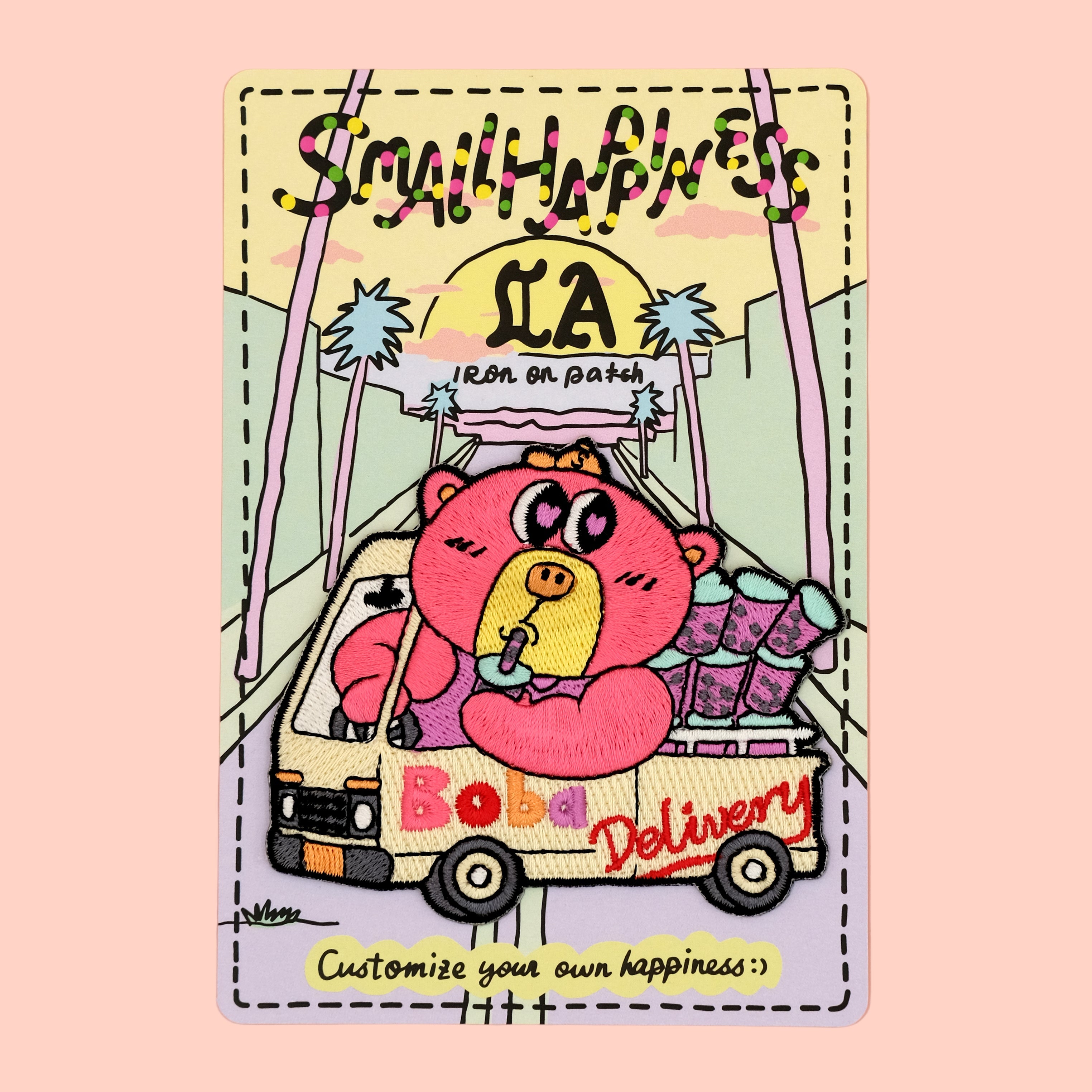 Boba Delivery embroidered patch on custom-designed backing card, displayed against a soft rose pink background