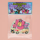 Sticker with a pink bear character driving a truck labeled 'Boba Delivery' in a clear plastic bag on a pink background.