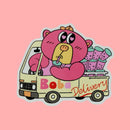 Sticker of a pink cartoon bear driving a 'Boba Delivery' truck on a pink background