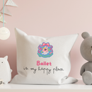Decorative pillow with an ballet-themed embroidery patch design and text on a pink background