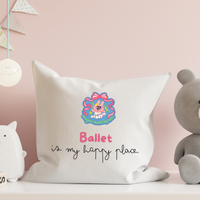 Decorative pillow with an ballet-themed embroidery patch design and text on a pink background