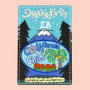 California chill - Palm tree iron-on embroidery patch on graffiti backing card, displayed against a rose pink background.