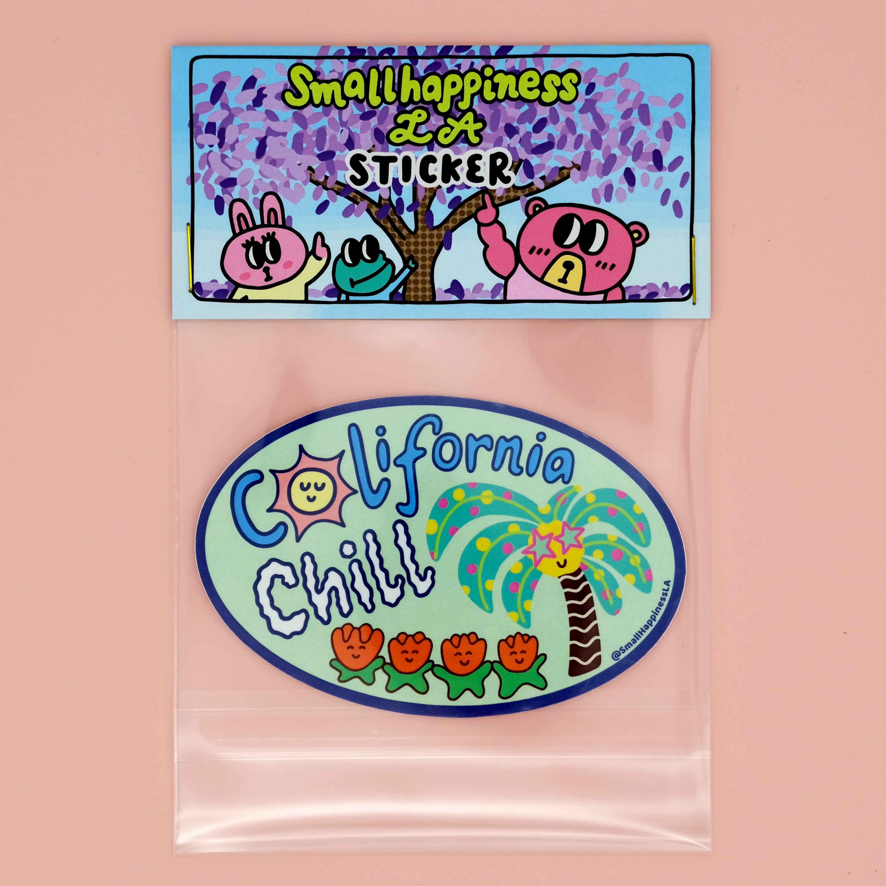 California Chill vinyl sticker featuring a cute palm tree and flowers, shown in SmallHappinessLA packaging with branded stock card and plastic bag