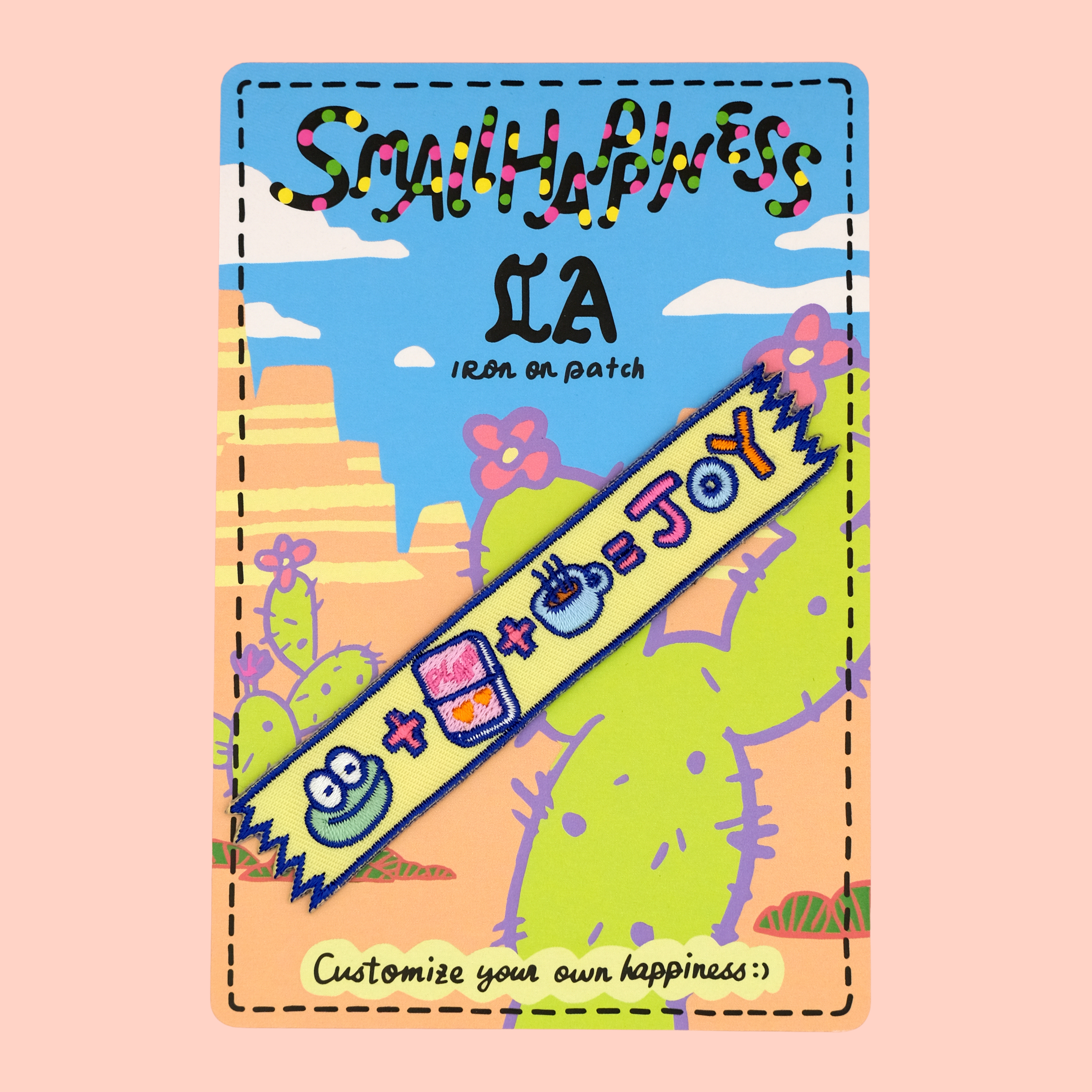 Mochi's washi tape iron-on embroidery patch on customized California desert themed backing card, displayed against a rose pink background by SmallHappinessLA