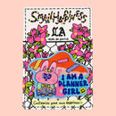 Planner girl iron-on embroidery patch on graffiti backing card, displayed against a rose pink background.
