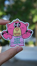 Boba Bear Workout vinyl sticker featuring a pink bear lifting dumbbells, shown held by hand in natural daylight, designed by SmallHappinessLA